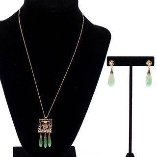 Chinese Gold & Jade Necklace & Pair Jadeite Earrings