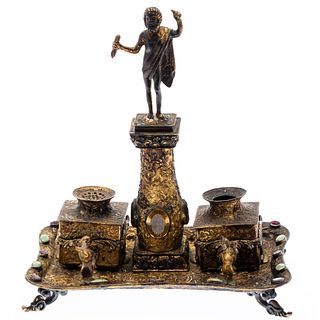 Continental Gilt-Metal Inkwell Inset with Stones