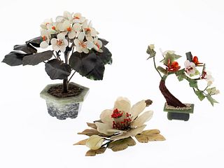 Two Chinese Hardstone Trees and a Flower
