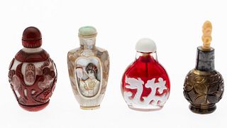 4 Chinese Carved Glass & MOP Snuff Bottles