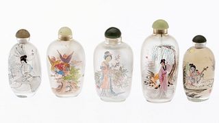5 Chinese Painted Figural Glass Snuff Bottles