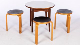3 Aalvar Alto Design Stools and a Jens Risom Table