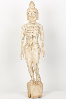 Asian White Painted Wood Acupuncture Figure, 20th C