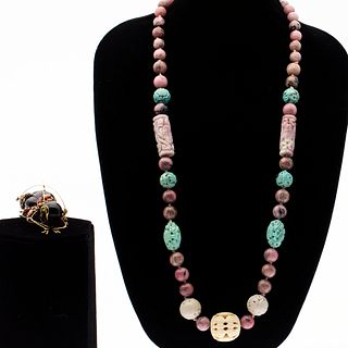 Chinese Hardstone Necklace and Costume Bug Pin