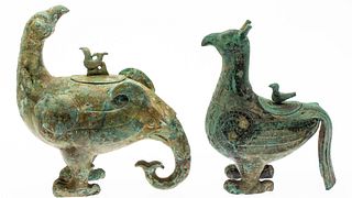 Two Spring and Autumn Style Bronze Bird-Form Vessels