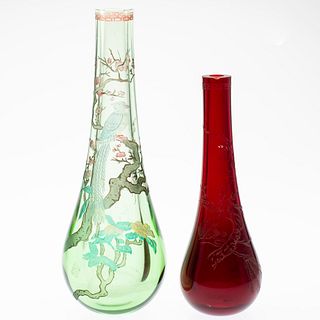 Two Japanese Etched Glass Vases