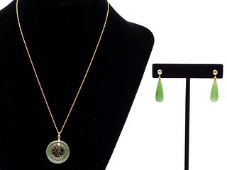14K Gold Necklace with Jade Pendant & Jade Earrings