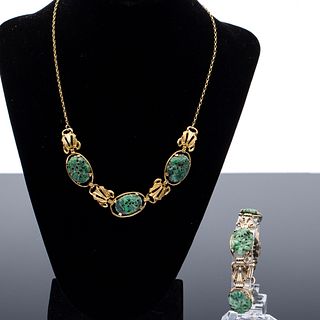 Jade and Gilt Silver Necklace and Bracelet