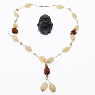 Carved Stone Buddha and Jade Necklace