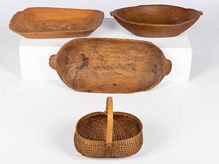 American Woven Basket and 3 Wooden Dough Bowls