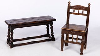 Oak Bench and Pine Side Chair, 18th C and Later