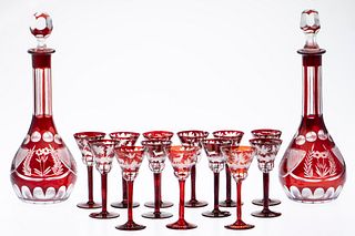 13 Bohemian Red Glass Cordials and Pair of Decanters