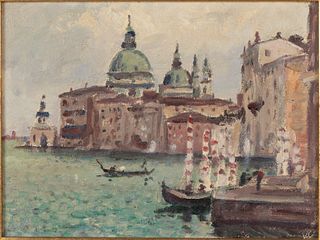 Illegibly Signed, Venice, Oil on Board, 1956