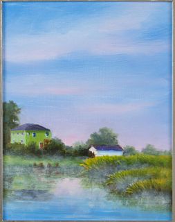 Larry Levow, Untitled, Water with Houses, O/C