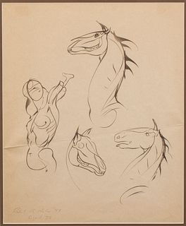 Robert Hale, Ink Study of Horses and Figure, 1943