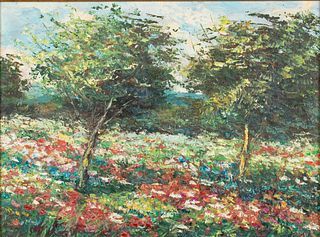 Landscape with Trees and Flowers, Oil on Canvas