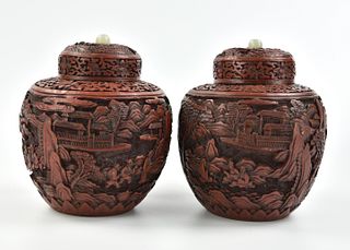 Pair of Chinese Lacquer Carved Jar, 19th C.