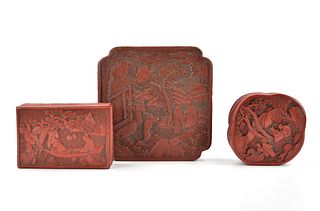 3 Chinese Red Lacquer Carved Boxes,19-20th C.