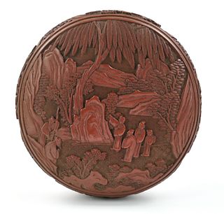 Chinese Red Craved Lacquer Wood Box, 19th C.
