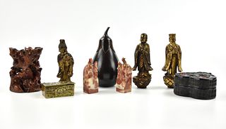 Group 9 of Soapstone, Box, Stand, Gilt Figures