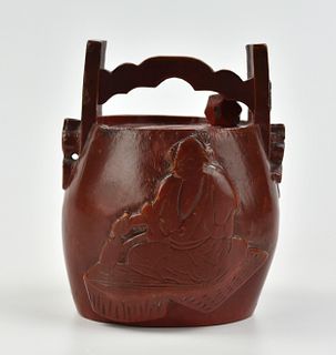 A Chinese Red Lacquer Wood Bucket