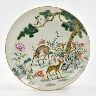 Chinese Famille Rose Plate of Deer & Crane, 20th C