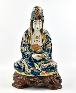 Large Japanese Guanyin Statue & Wood Stand