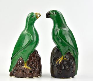 Pair of Green Glazed Parrot Figurines ,ROC Peroid