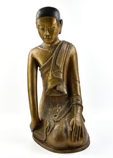 Large Thailand Glit Wooden Monk Figure, 20th C.