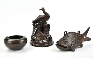3 Japanese Bronze Washer, Fish, Peacock lid,Meiji
