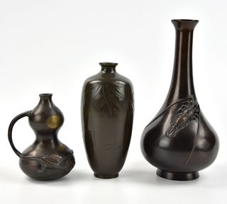 3 Japanese Bronze Vases w/ Bamboo& Shrimp, Meiji P