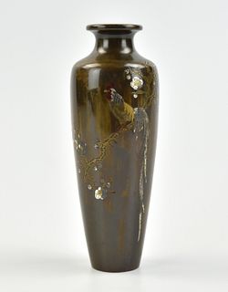 A Japanese Mix Matel Vase w/ Pheasant, 19th C.