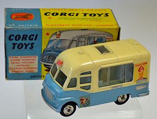Corgi No.428 Smiths Karrier Ice-cream Van "Mister Softee" - light blue, cream upper body, spun hubs