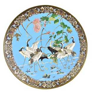 Large Japanese Cloisonne Charger w/ Crane, 19th C.