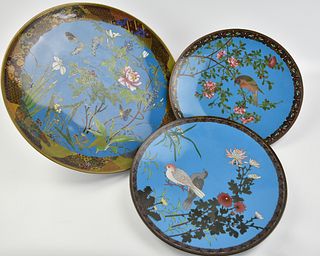 3 Japanese Cloisonne Enamel Plates w/ Birds&Flower