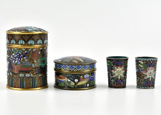 Group of 4 Chinese Cloisonne Covered Box & Cup
