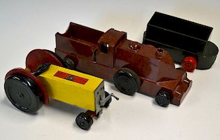 Chad Valley Bakelite train toy having brown body with black wheels together with a similar truck hav