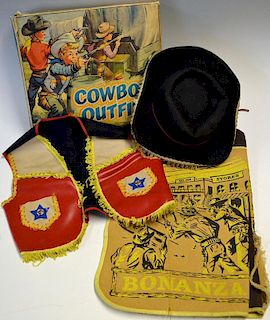 Berwick Cowboy Play Outfit consisting of Hat, Waistcoat, Trousers have a Bonanza illustration on the