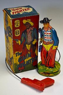 Wells Brimtoy (UK) Tinplate Gun Fighter and other Tinplate Toys - scarce 1950s tinplate Cowboy Figur