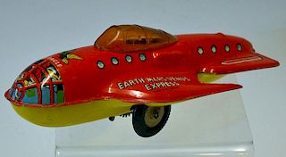 Mettoy "Dan Dare" Space Ship tinplate friction motor with sparkling jet - red, yellow - Fair includi