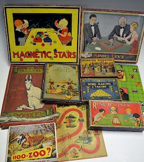 Selection of early Chad Valley board games to include 1909 Tailless Donkey, Winkles Wedding, Steeple