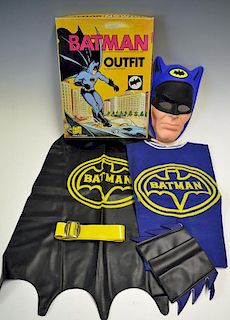 Berwick Batman 1966 Child's Play Suit made from cloth and plastic having Cape, Shirt, Hat/mask and g