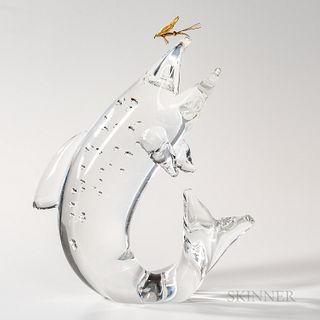 Steuben Sterling Silver, 18kt Gold, and Glass "Trout with Fly" Sculpture