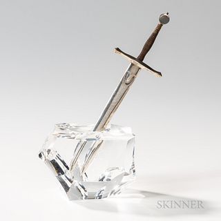 Steuben Sterling Silver, Gold, and Glass "Excalibur" Letter Opener and Stand