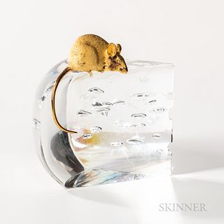 Steuben Sterling Silver, 18kt Gold, and Glass "Mouse and Cheese" Sculpture