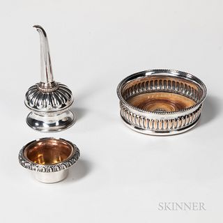 British Silver-plate Wine Funnel, Strainer, and Wood-lined Bottle Coaster