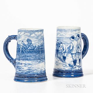 Two Royal Bonn Blue and White Transfer-decorated Tankards