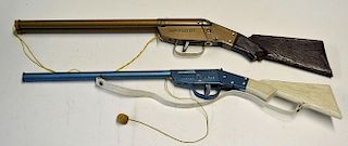 2x Tinplate Pop Guns one been double barrel Gun Master, Single Gun Victor Rifle together with plasti