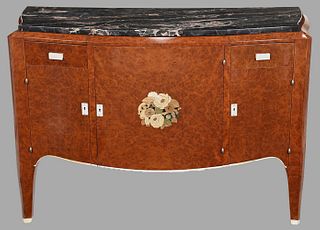 Art Deco Marquetry Inlaid Marble Top Cabinet