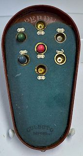Early French Perdu Game by Culbuto Tinplate Game with cloth playing area complete with 3 playing bea